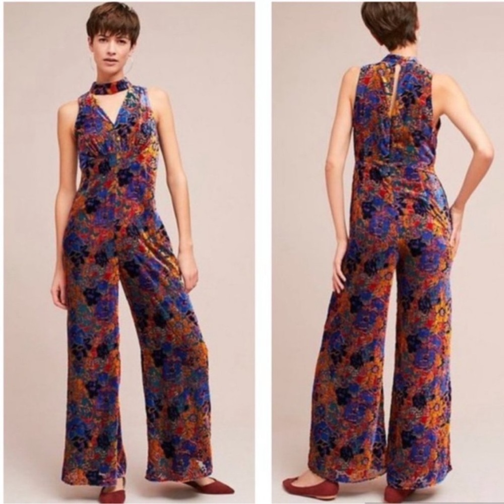 Anthropologie Maeve Ava Fall Velvet Multi Color Floral Jumpsuit Size 0P